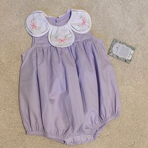 NWT Remember Nguyen Lilac Baby Bubble Romper with Embroidered Collar